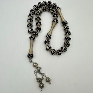 Vintage black glass silver tone tasbih Islamic prayer beads beaded bracelet